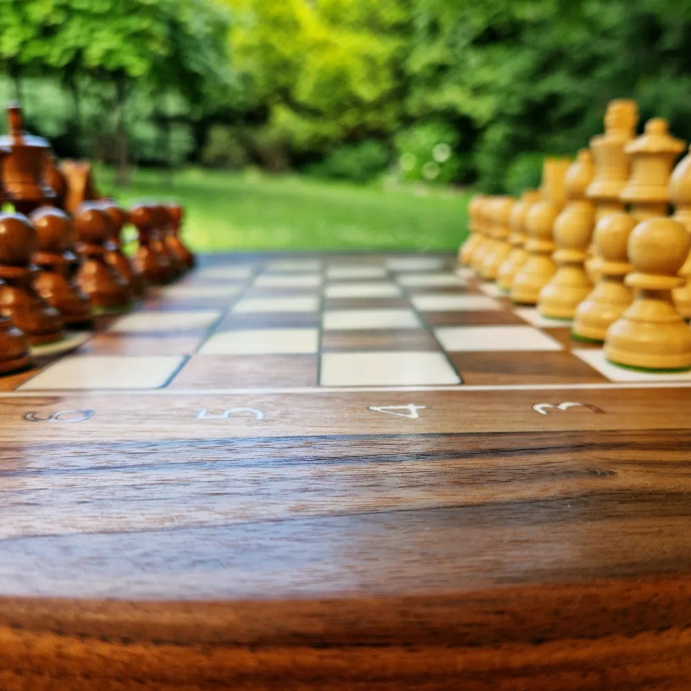 The only round chessboard, made of walnut and white resin, diameter size: 48 cm